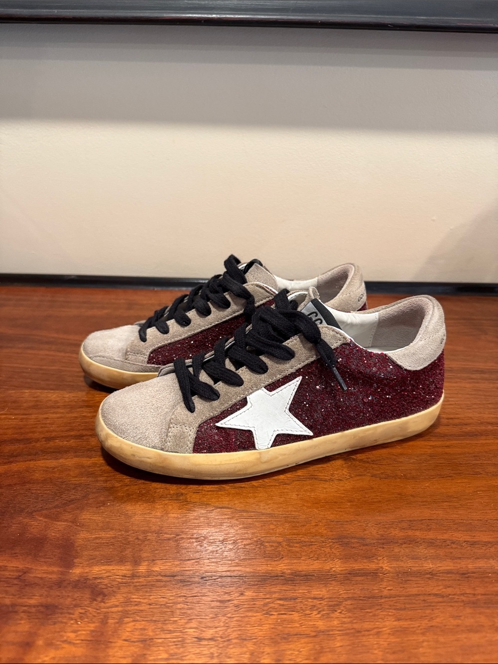 Golden Goose Burgundy and Gray Glitter Superstar Sneakers